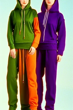 year 1994 women fashion. "summer combat suit trouser" with low waist, baggy, Combat pants, t-shirt and interesting hoodie with high tippet integrated to bolero. Colors: denim blue, blue, purple, khaki, "light and bright green", lilac, plum, orange, terracotta, red, pink, dark blue, beige. Women models. Starling pattern prints.Jennifer Lopez, Gwyneth Paltrow, . Big tennis shoes on. Cargo pants.