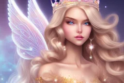 smiling, beautiful, soft,smiling, straight and long blonde hair, dewy and shiny atmosphere, diamond crown, long fairy wings in the back, full head, curly hair, golden veil clothes, bacground pink and blue