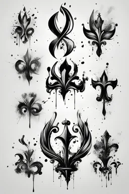 A flash of 10 drawings modern realism with some ink splashes ideas and original designs of fleur-de-lis symbol. Black in on white background