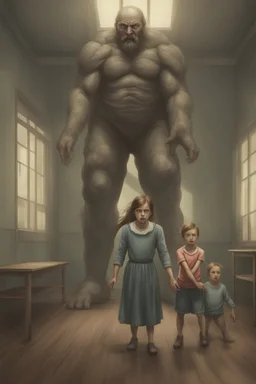 a giant woman protect 3 children, realistic style, interior of asylum