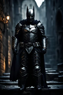 dark knight medieval, Held in der dunlken stadt, photo, metall carbon rüstung mit vielen details,8k, dunkle licht stimmung