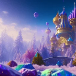 blue gold and violet landscape with multicolored crystals falling from the sky, full of details, smooth, bright sunshine，soft light atmosphere, light effect，vaporwave colorful, concept art, smooth, extremely sharp detail, finely tuned detail, ultra high definition, 8 k, unreal engine 5, ultra sharp focus