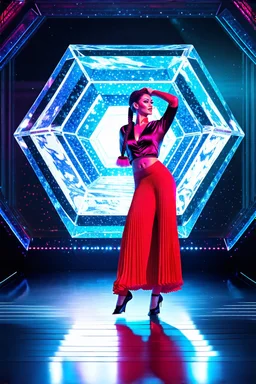 stage inside of a 3d crystal hexagon lovely light reflections ,full body shot of very beautiful lady skirt and bluse , Braided hair ,dancing in stage in the crystal cube pretty makeup,full cube shot