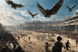 View of Elysium with winged females flying over people running away in fear