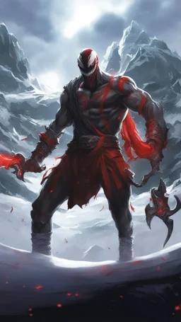 A close picture of Venom symbiote with kratos red tattoos and Clothes, holding blade of choice