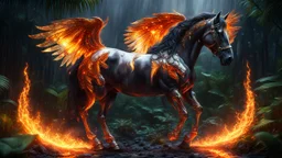 Hyper Realistic Crystal-Fire-horse-with-golden-horn & fire-wings inside a jungle at dark rainy night showing dramatic & cinematic ambiance.