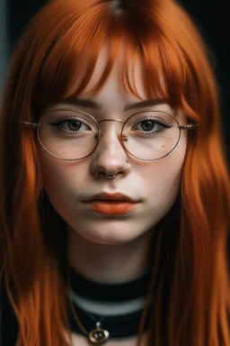 girl is ginger hair in a fringe with glasses and a septum piercing