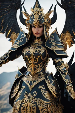 Full body photography,front_view,Dark Lord Satanic looking at viewer,traditional dress ornaments mechanical_armor,intricate armor, delicate golden filigree, intricate filigree, black metalic parts, detailed part,fire eruption mountain background, dynamic lighting