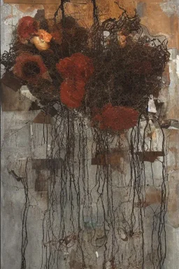 an abstract painting of rusted metal and flowers, by anselm kiefer and lucian freud, rust, scaffolding, iron cladding, decay, mixed media, textured, anatomically correct, beautiful perfect face, sharp focus, highly detailed