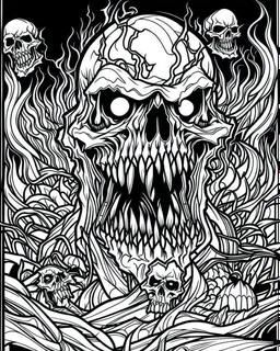 create a 2d black outline, "scary psycho monster death killer deformation on face and psycho smile and corrupted thorn coloring book for adults", coloring page, low details design, black contour, coloring page design, coloring page for adults,horror background, black contour and white space beetween contour, same contour,sketch style, horror style, creepy style, minimalist, halloween background,simple