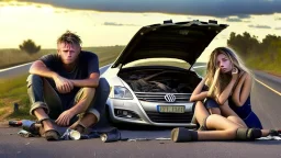 man and crying lady sit inside broken down jetta on side of the road