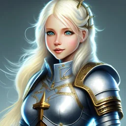 D&D character, female, cleric, platinum blonde hair, gold eyes, smile, teal armor