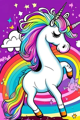 kids illustration, an unicorn image, cartoon style, thick line, low details, vivid color