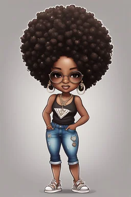 Create a whimsical chibi image of a black female with shoulder length tightly curl afro, black silky and brown eyes. Long eye lashes wearing a torn jeans and tank top with diamond studded "pretty" on the front, sandals , plus size body style. Diamond studded glasses and hoop earrings forward facing, 2k, white background