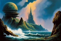 scifi castle in the sky above a stormy sea, by Bruce Pennington