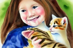 One cute smiling Norwegian girl is holding a kitten. Watercolour