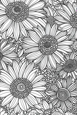 Outline art for coloring page, DAISIES WITH A GROOVY BACKGROUND, coloring page, white background, Sketch style, only use outline, clean line art, white background, no shadows, no shading, no color, clear