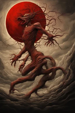 A dramatic digital painting portraying a horror monster under the Red Moon, veins pulsing, claws of temptation visible, soul in turmoil. In the style of Salvador Dali and Van Gogh , vivid colors, swirling brushstrokes, highly detailed, 8k resolution, surrealistic., juicy emotions, painting, gloomy fantasy, gloomy day, dark world, portrait, oil and graphite, wide strokes, a weaving frame around, by Ryohei Hase, Agnes Cecile, Raymond Swanland, Anne Bachelier