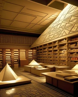 An ivory library with sunlight and pyramids designed in ancient Egyptian pottery painted by Frank Lloyd Wright