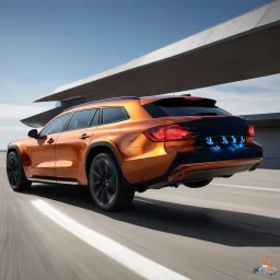 award winning car and driver photograph of a futuristic station wagon fighter-jet genetic-splice designed by only one vehicle per image painted metallic orange traveling at a high rate of speed, jet intake off of front center of vehicle and jet exhaust out the rear with bright blue flames painted on the hood and front quarter panels, bilaterally symetrical, more a high speed road vehicle