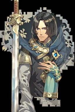 A handsome 30 year old knight, black hair, dark blue eyes, male bob haircut, in black-and-gold plate armor, golden katana in hands, no beard, european, portrait