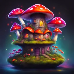 mushroom house on a floating space island. Bright Bold Bright Colors, Stark Dark background. Fantasy Style. High Quality, Painterly, Whimsical, Fun, Imaginative, Bubbly,