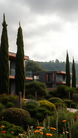 A modern business-class village in Spain, with only 3 single-storey houses with flat roofs and lots of cypress trees. Competitive development project in the style of the architectural firm Foster and Partners. The facades of the houses are covered with sheets of oxidized copper. Midday, gloomy vegetation, lush ornamental vegetation, wildflowers. Telephoto lens. Photorealistic