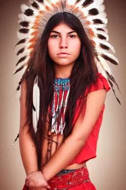 A beautiful portrait of a cute Native American girl, red color scheme, high key lighting, volumetric light high details with white stripes and feathers