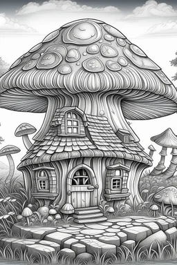 MANDELA STYLE .mushroom house on island Coloring Book for Adults and Kids, Instant Download, Grayscale Coloring Book