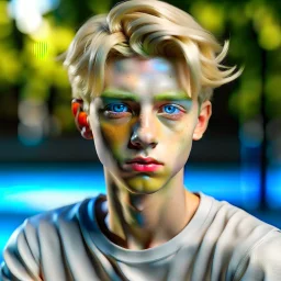 Hyperrealistisch 16jähriger schlanker effeminierter blonder Junge mit hellblauen Augen, das Haar mit Gel nach hinten gekämmt, weißes T-Shirt