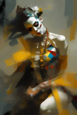 Digital Art of merry harlequin embodying the essence of merriment in a , minimalist approach, influenced by Luis Miranda, Jeremy Mann, Jeffrey Catherine Jones, blends conceptual art with elements of painting and illustration, somber tones, fragmented souls, shadow play, diffuse textures, abstract forms, digital painting, high conceptuality, palette inspired by Jeffrey Catherine Jones, golden ratio composition, fine detail, cinematic lighting.