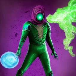 Kevin Bacon as Mysterio, Marvel, Green mist, dead spider man, MCU Multiverse, Zombie Avengers, Purple Background, Green clouds, Wearing helmet, Mist in helmet, Evil Dead Cabin, Necronomicon Book,