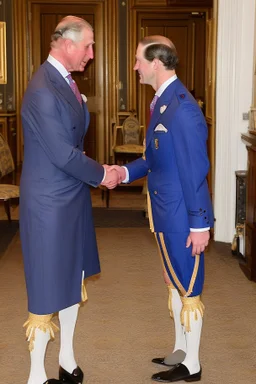 The Prince of Wales in traditional dress shakes hands with a guest in a blue suit, drawing room of St James's Palace, during a reception