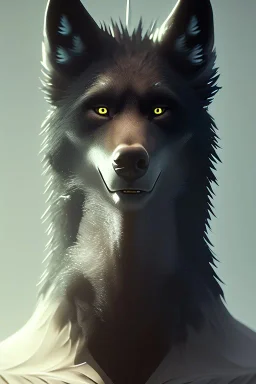 award winning portrait of a male anthropomorphic black wolf long vblack hair. character design by cory loftis, fenghua zhong, ryohei hase, ismail inceoglu and ruan jia. unreal engine 5, artistic lighting, highly detailed, photorealistic, fantasy