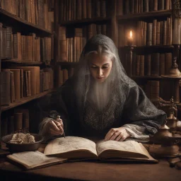 Photograph of a mysterious, indecipherable odd person sitting at a table, reading an ancient book, very accentuated details of the dress and skin, eerily mysterious. 33mm photography, high definition, high resolution, 8k, 3d render, volumetric light, shot on Hasselblad. Study room. Bookshelves, candle lit.