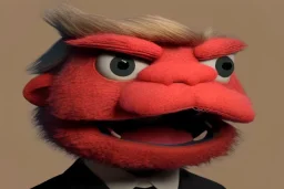 Angry muppet trump in suit, no tongue, looking forward, face, smaller, round puffball nose, eyebrows, no teeth small nose