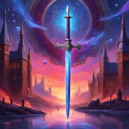A surreal, dreamlike scene of a medieval broadsword with intricate, swirling patterns of iridescent blues and purples, set against a backdrop of a burning, crimson-hued cityscape at dusk. The sword's blade is reflected in a shattered, ornate mirror, surrounded by shattered glass and scattered, glowing, ethereal orbs. The atmosphere is one of mystical, otherworldly energy, with soft, feathery clouds of purple mist drifting through the air. The overall mood is one of eerie, mystical wonder.