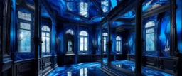 An indigo mansion with mirrors in abstract expressionism art style