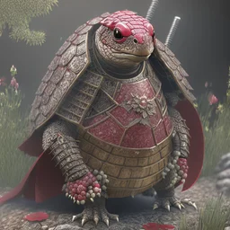 Ultra realistic rendering of turtle samurai, blood, guts, wildflower, intricate, darkred tones,