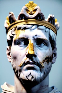 Realistic image, Roman sculpture made in white marble with gold veins, Lionel messi with gold laurel leaves crown, decorative star on the chest, waist up portrait, marble material, gold ornaments, Baroque style, sun rays background, epic, celestial, cinematic lighting, God lights, 4k resolution, smooth details, soft lighting, unreal engine 5, art station, substance 3d.