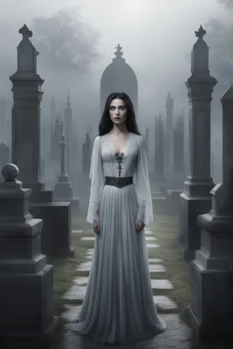 photorealistic slim woman looking like Drusilla in a cemetary with mist and crypts