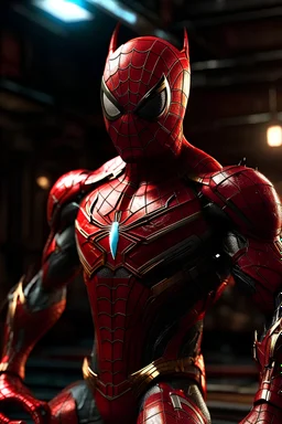 Spider Man in a mega cool red iron super suit with spikes on his arms and shoulders, hdr, (intricate details, hyperdetailed:1.16), piercing look, cinematic, intense, cinematic composition, cinematic lighting, color grading, focused, (dark background:1.1)