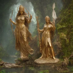 only one statue goddess athena abandoned of stone inner between moutain, wide, swamp, water, glass, fog, highly realistic, highly detailed, intricate, 8k