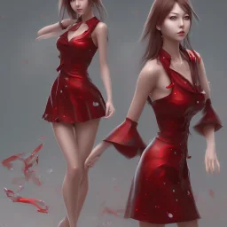 Japonesa hitomi Tanaka sozinha, vestido vermelho, rosto muito detalhado, rosto realista, corpo inteiro, realista, efeito névoa, particulas