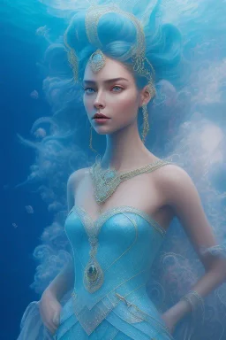 beautiful fashion elegant goddness of water, chic strapless dress, tropical sea background, character design, in the style of artgerm, and wlop, chanel jewelry, cinematic lighting, hyperdetailed, 8 k realistic, symmetrical, global illumination, radiant light, love and mercy, frostbite 3 engine, cryengine, dof, trending on artstation, digital art, crepuscular ray