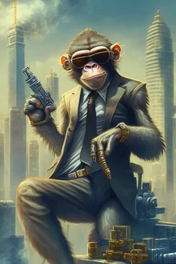 criminal monkey with a machinegun and sunglasses. Realistic image, City Background, monkey wearing a suit, smoking a cigar. Monkey is very trained