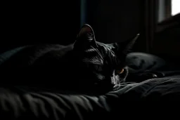 Sleeping in a dark room with a black cat. Calming atmosphere.