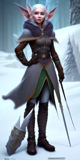 Cute and adorable femal elven adventurer with ultradetailed small elven ears dressed in a warm overcoat with survival gear, with adorable symmetric face and boots Cedric Peyravernay Art, anthropomorphic --ar 2:3 --beta --upbeta --upbeta