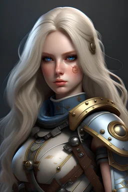 busty platinum blonde sister of battle from Warhammer 40k with blue eyes, long hair, very freckled face, no blush. she's holding a rifle. realistic looking. full body portrait.
