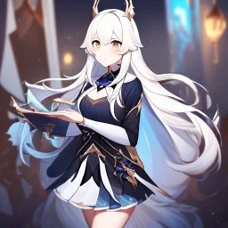 Clear focus, High resolution, Rough line, cute, cartoon style, white long hair, spiky hair, wearing a Honkai Impact Star Rail outfit, wearing a skirt